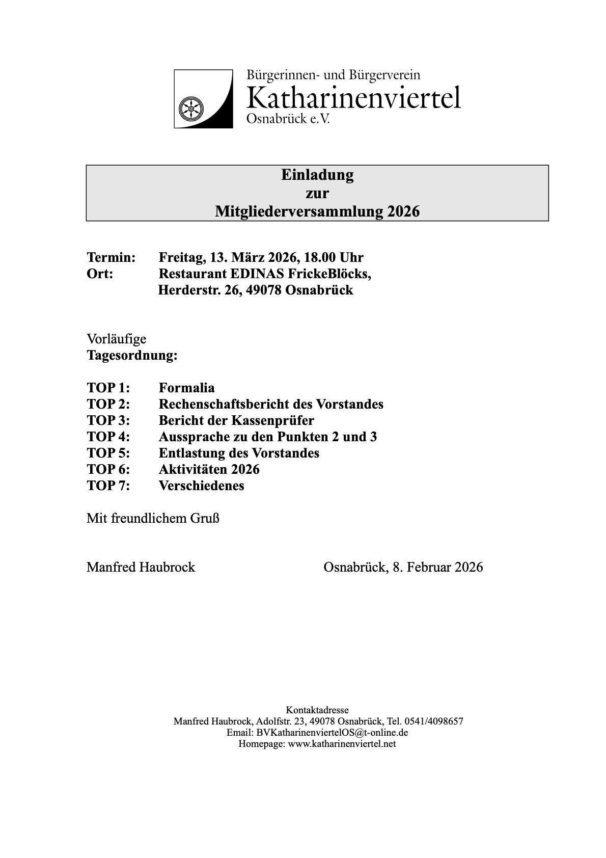 Einladung zur Mitgliederversammlung am Freitag, den 13.03.26 um 19:00 Uhr